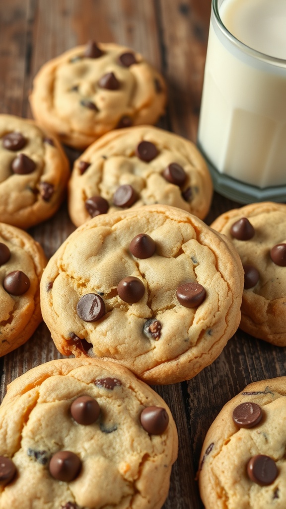 Freshly baked chocolate chip cookies on a wooden table with a glass of milk.